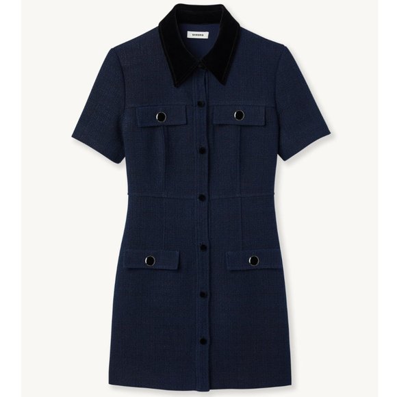 Sandro Italie Short Navy Blue Tweed Dress With Velvet Collar - Picture 1 of 8